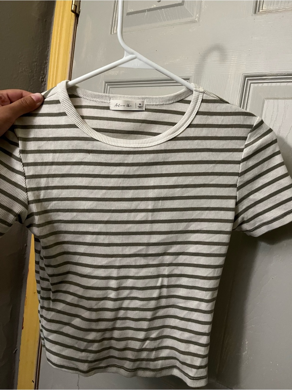 Active USA Olive & White Striped Short-Sleeve Crewneck